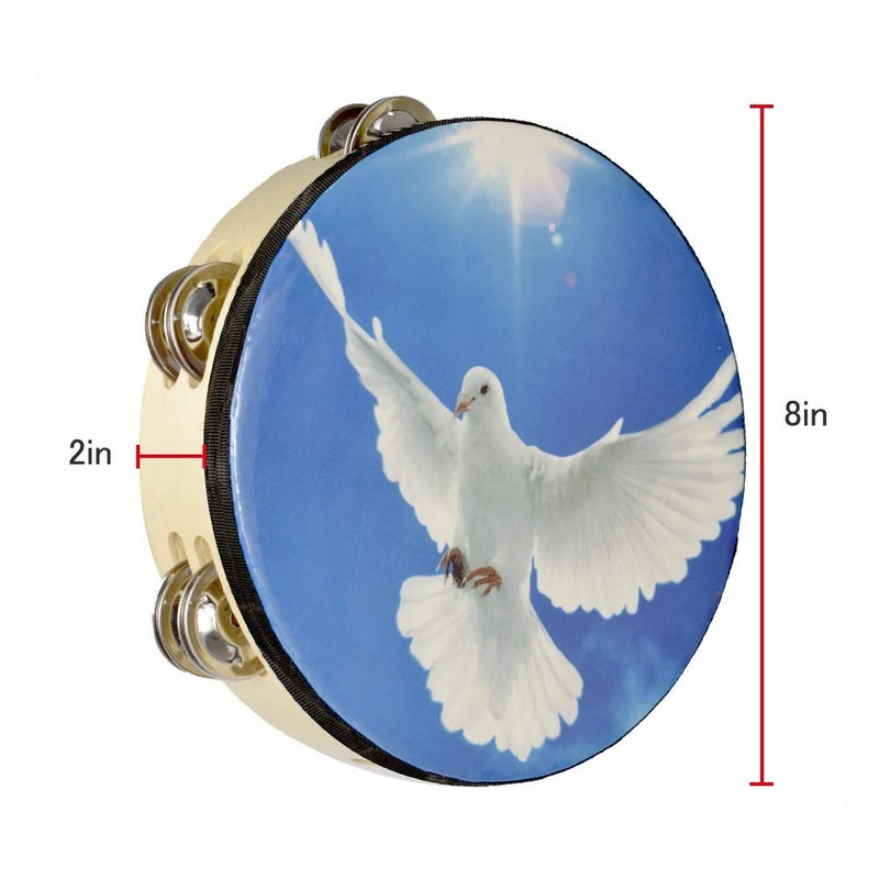 ENNBOM Tambourine Hand Bell Double Row Jingles Music Persuccion Church (8 Inch, Dove) - Image 2